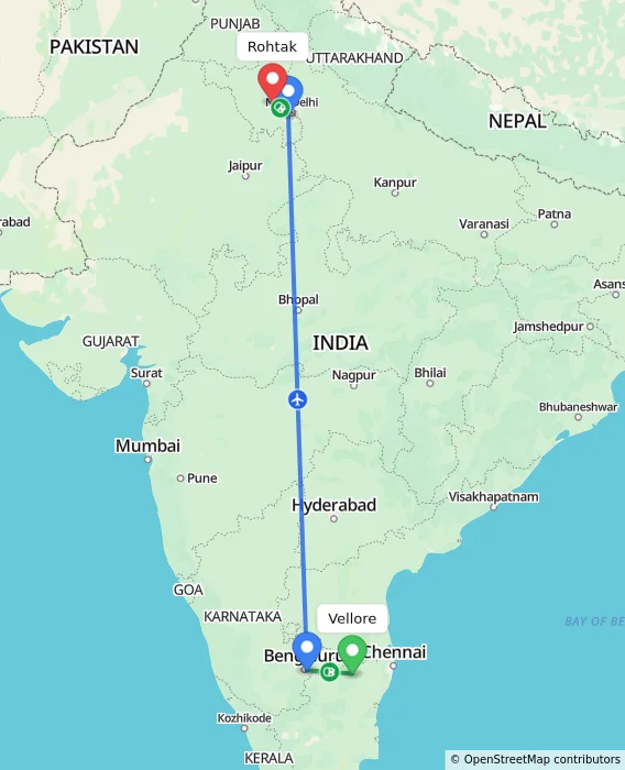Route map showing distance and travel time from Vellore, India to Rohtak, India