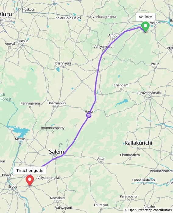 Route map showing distance and travel time from Vellore, India to Tiruchengode, India