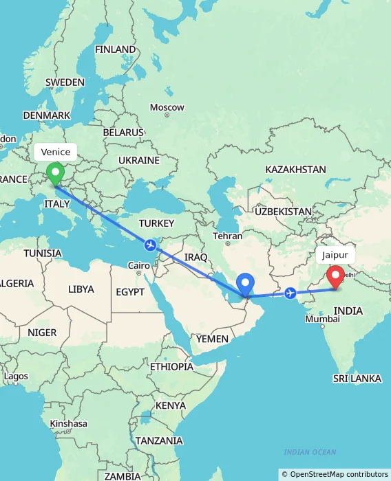 Route map showing distance and travel time from Venice, Italy to Jaipur, India