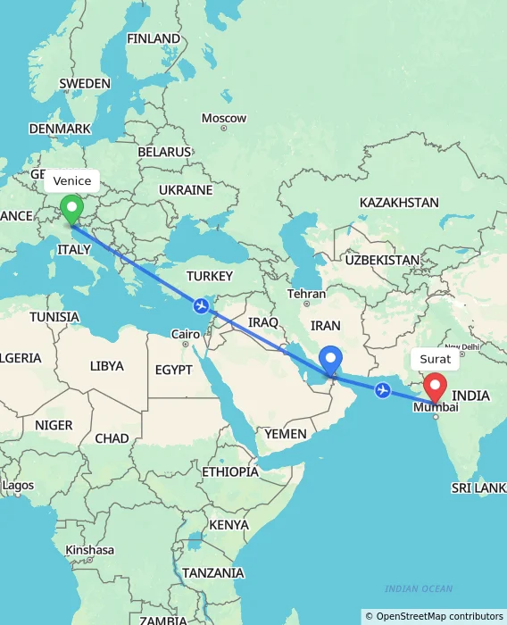 Route map showing distance and travel time from Venice, Italy to Surat, India