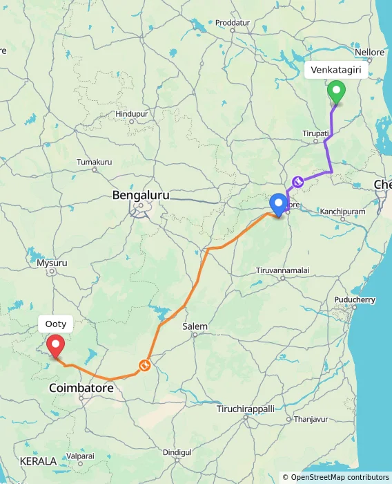 Route map showing distance and travel time from Venkatagiri, India to Ooty, India