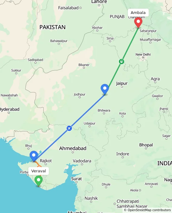 Route map showing distance and travel time from Veraval, India to Ambala, India