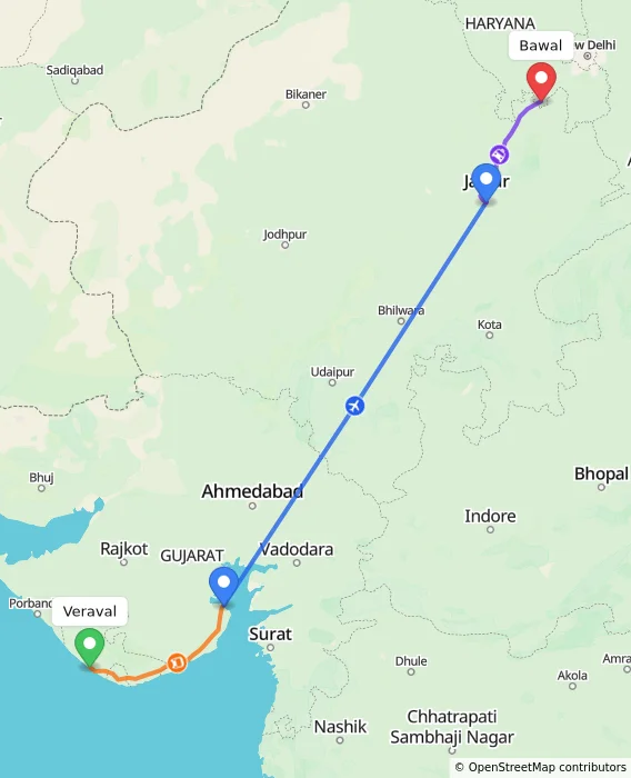 Route map showing distance and travel time from Veraval, India to Bawal, India