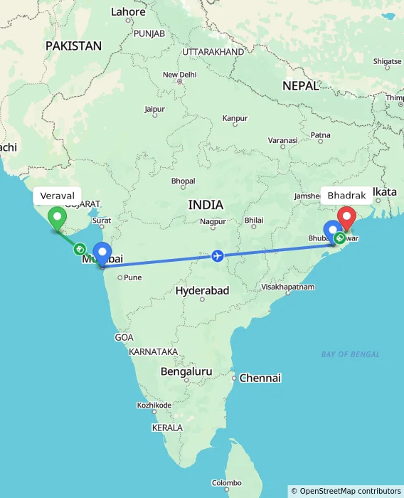 Route map showing distance and travel time from Veraval, India to Bhadrak, India
