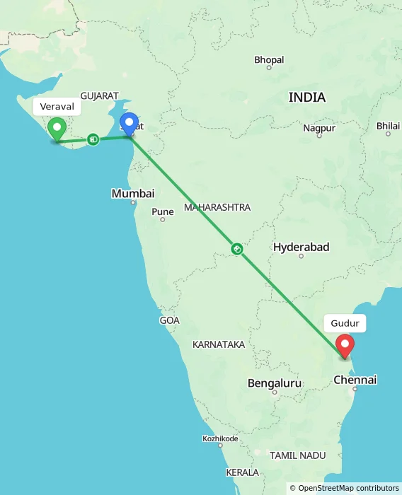 Route map showing distance and travel time from Veraval, India to Gudur, India