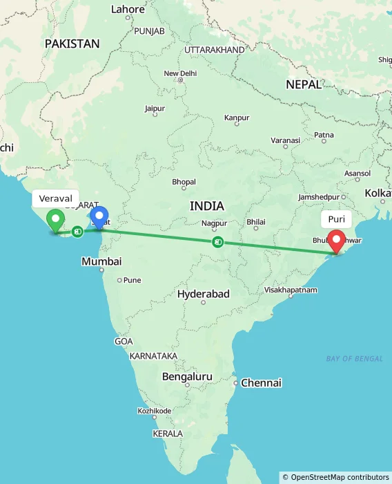 Route map showing distance and travel time from Veraval, India to Puri, India