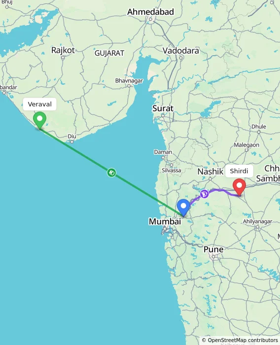 Route map showing distance and travel time from Veraval, India to Shirdi, India