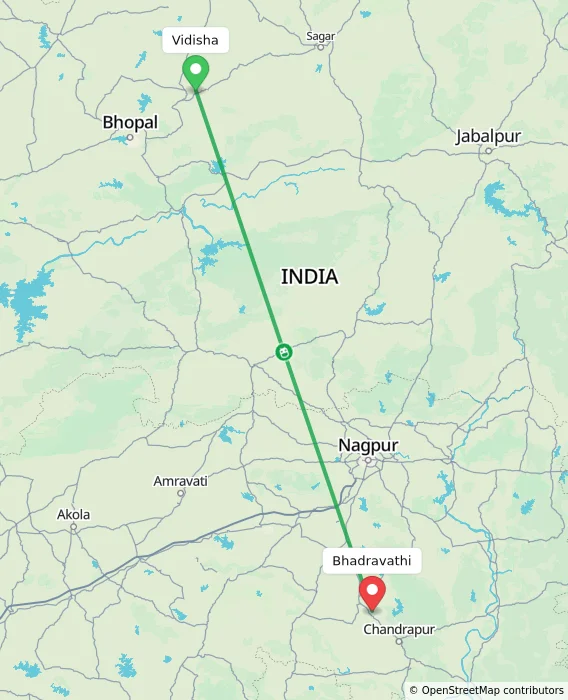 Route map showing distance and travel time from Vidisha, India to Bhadravathi, India