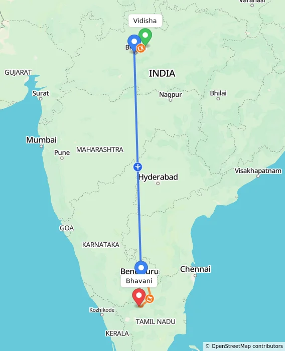 Route map showing distance and travel time from Vidisha, India to Bhavani, India