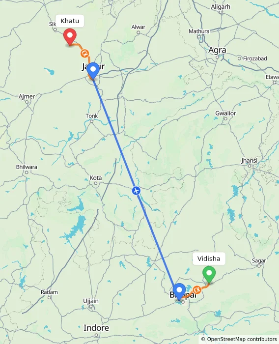 Route map showing distance and travel time from Vidisha, India to Khatu, India