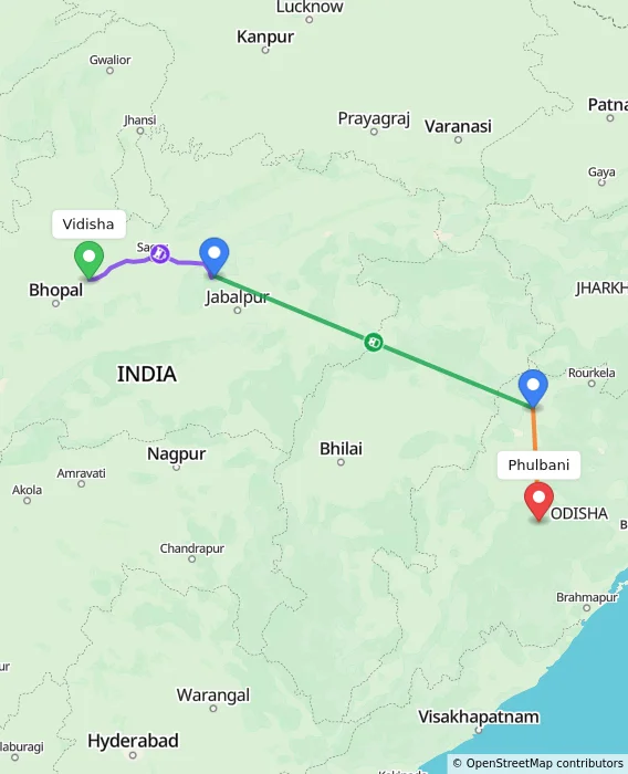 Route map showing distance and travel time from Vidisha, India to Phulbani, India