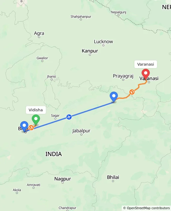 Route map showing distance and travel time from Vidisha, India to Varanasi, India