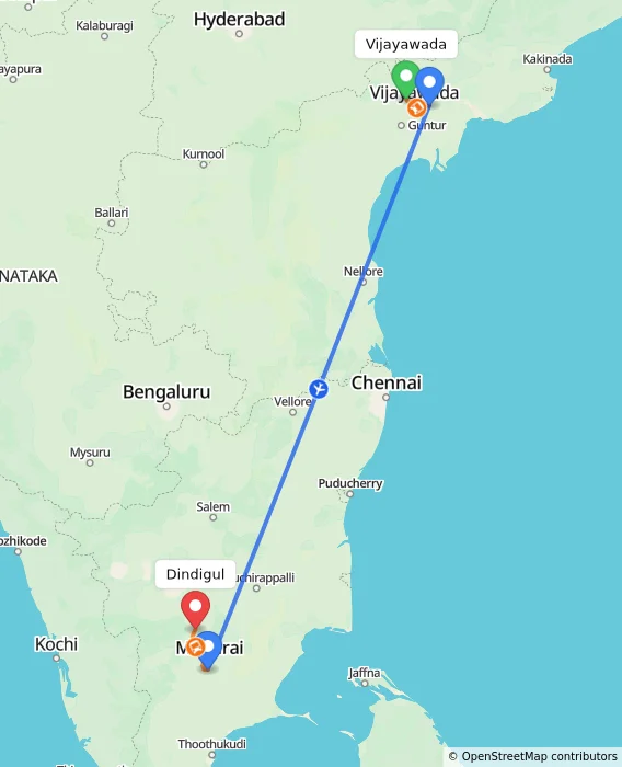 Route map showing distance and travel time from Vijayawada, India to Dindigul, India