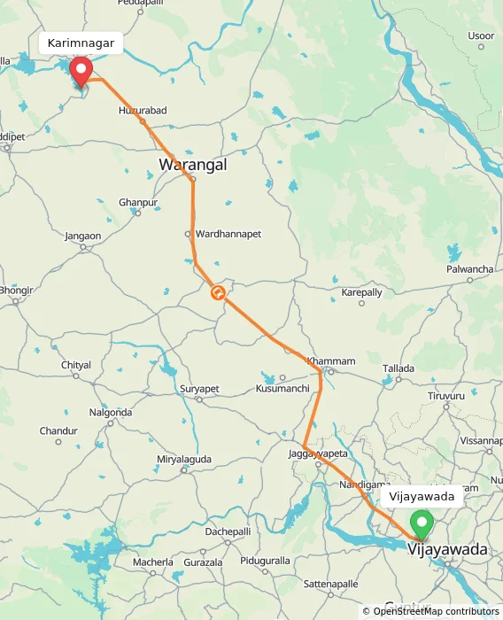 Route map showing distance and travel time from Vijayawada, India to Karimnagar, India