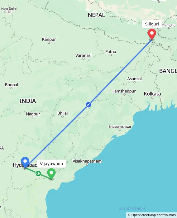 Route map showing distance and travel time from Vijayawada, India to Siliguri, India