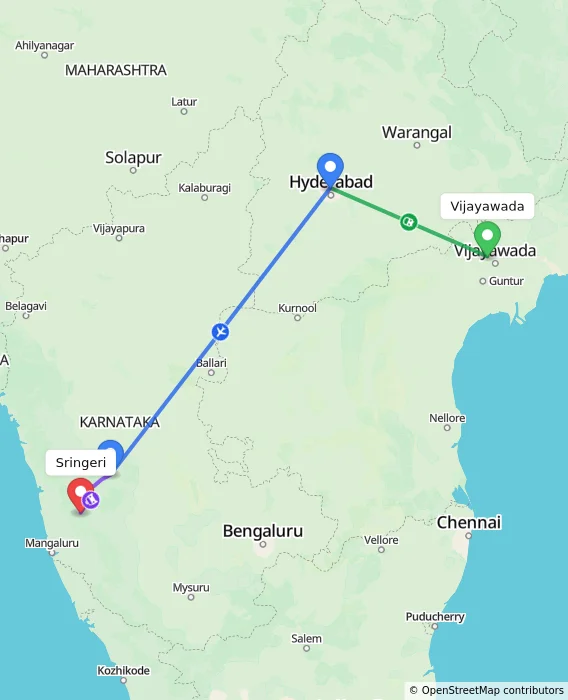 Route map showing distance and travel time from Vijayawada, India to Sringeri, India