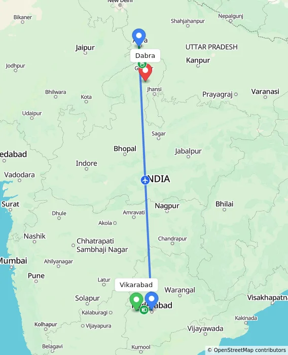 Route map showing distance and travel time from Vikarabad, India to Dabra, India