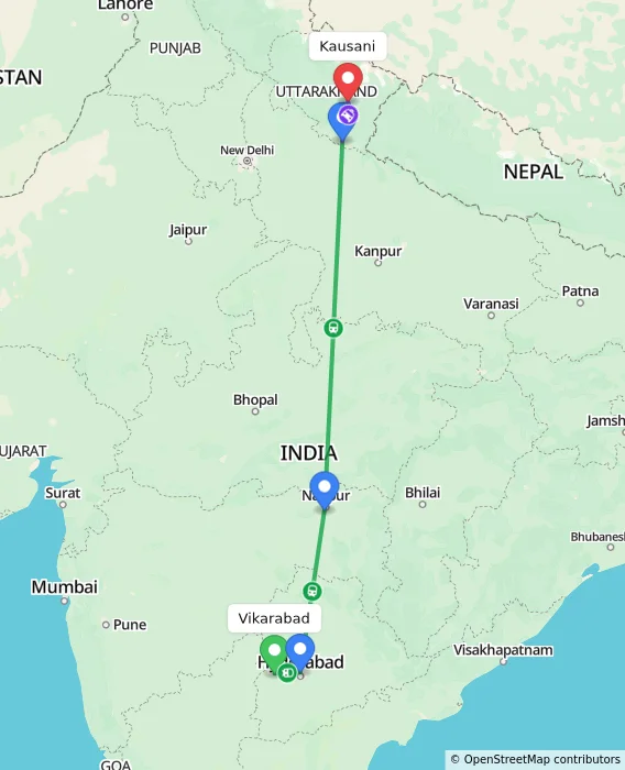 Route map showing distance and travel time from Vikarabad, India to Kausani, India