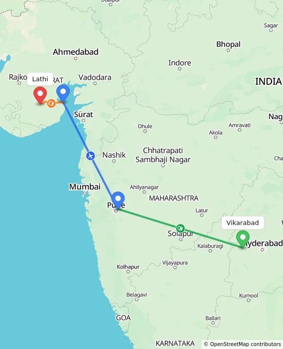 Route map showing distance and travel time from Vikarabad, India to Lathi, India