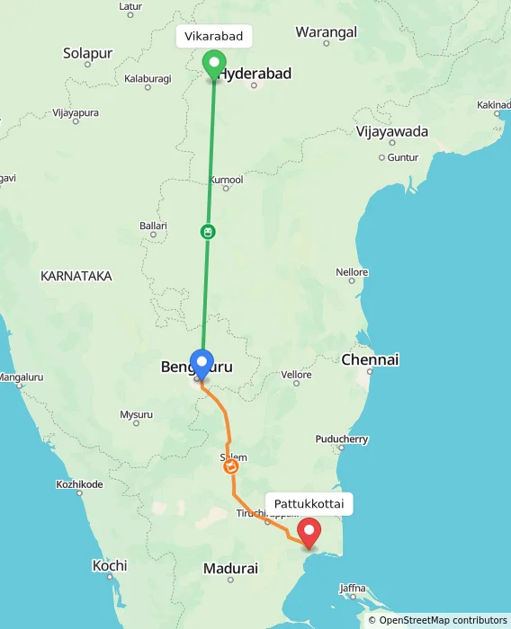 Route map showing distance and travel time from Vikarabad, India to Pattukkottai, India