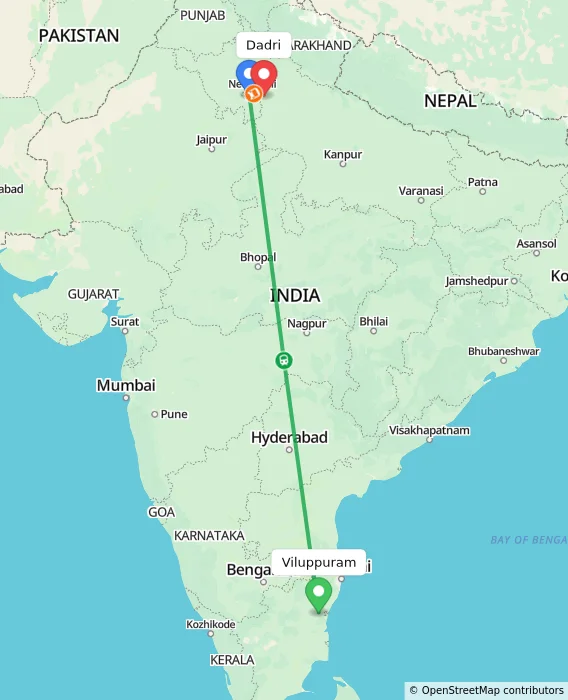 Route map showing distance and travel time from Viluppuram, India to Dadri, India