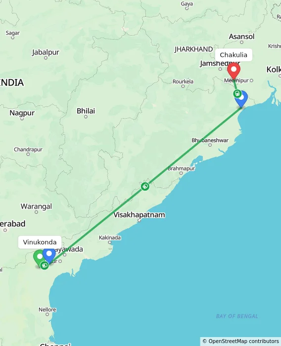 Route map showing distance and travel time from Vinukonda, India to Chakulia, India