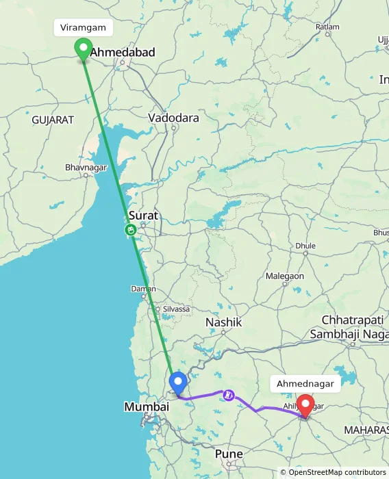 Route map showing distance and travel time from Viramgam, India to Ahmednagar, India