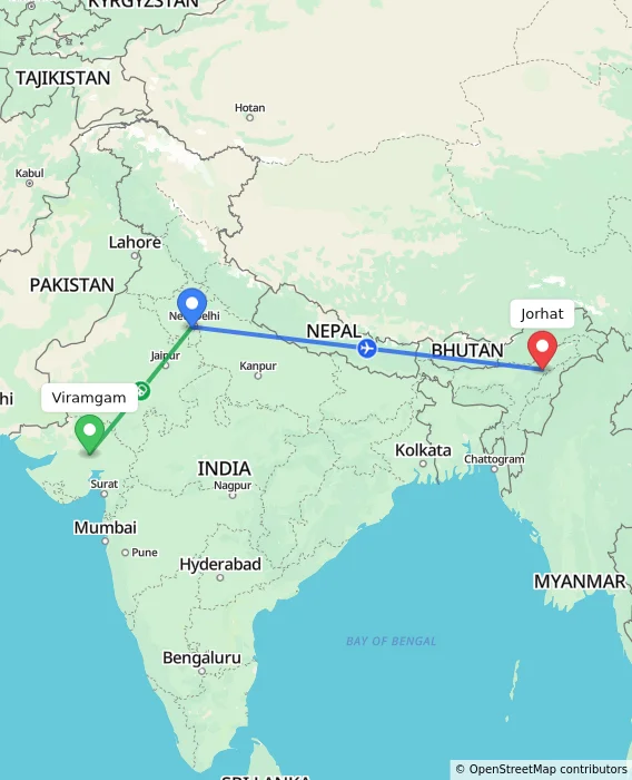 Route map showing distance and travel time from Viramgam, India to Jorhat, India