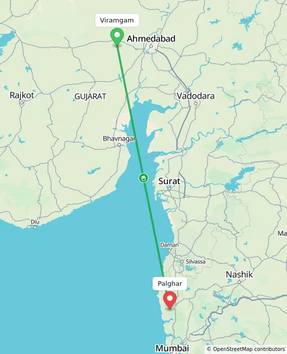 Route map showing distance and travel time from Viramgam, India to Palghar, India