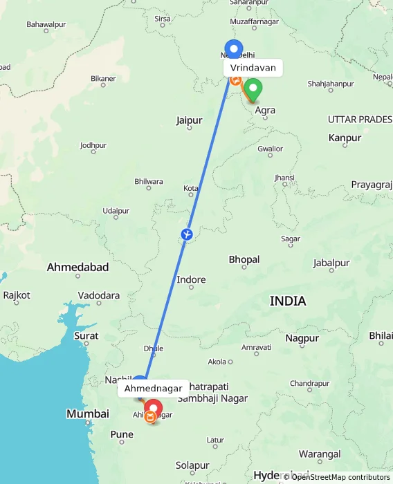 Route map showing distance and travel time from Vrindavan, India to Ahmednagar, India