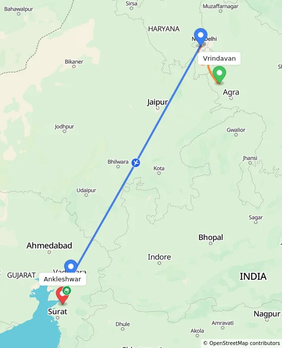 Route map showing distance and travel time from Vrindavan, India to Ankleshwar, India