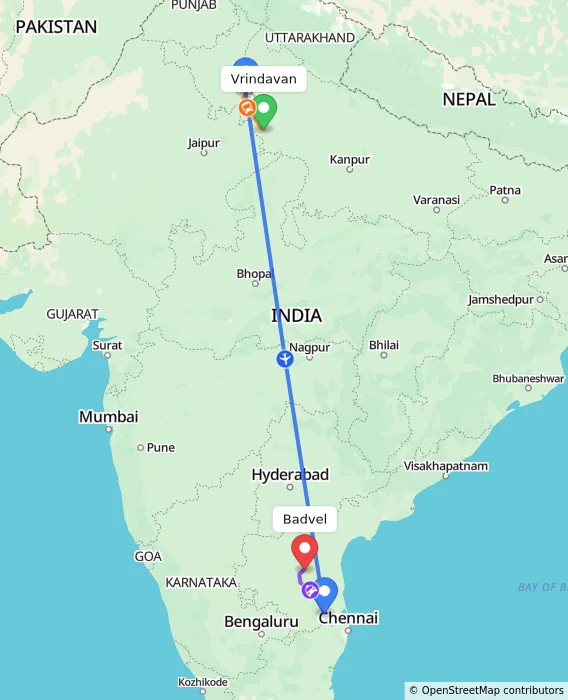 Route map showing distance and travel time from Vrindavan, India to Badvel, India