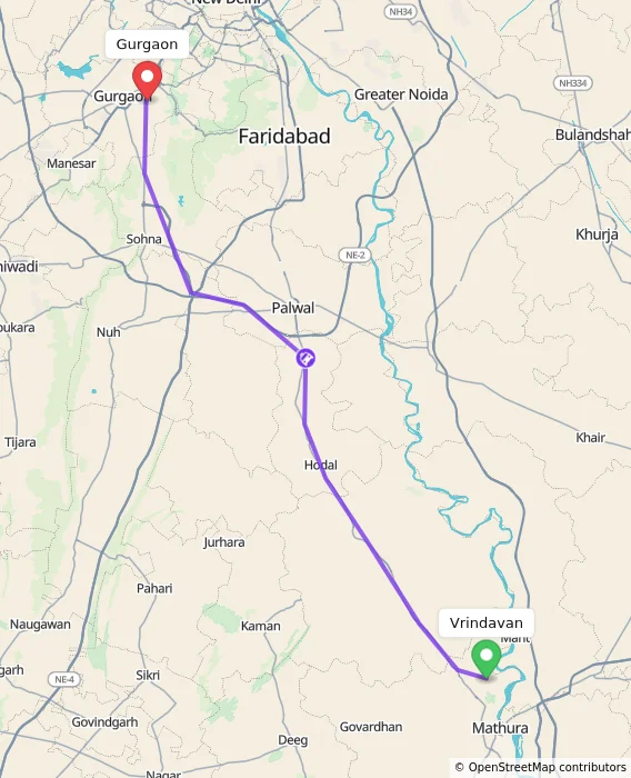 Route map showing distance and travel time from Vrindavan, India to Gurgaon, India