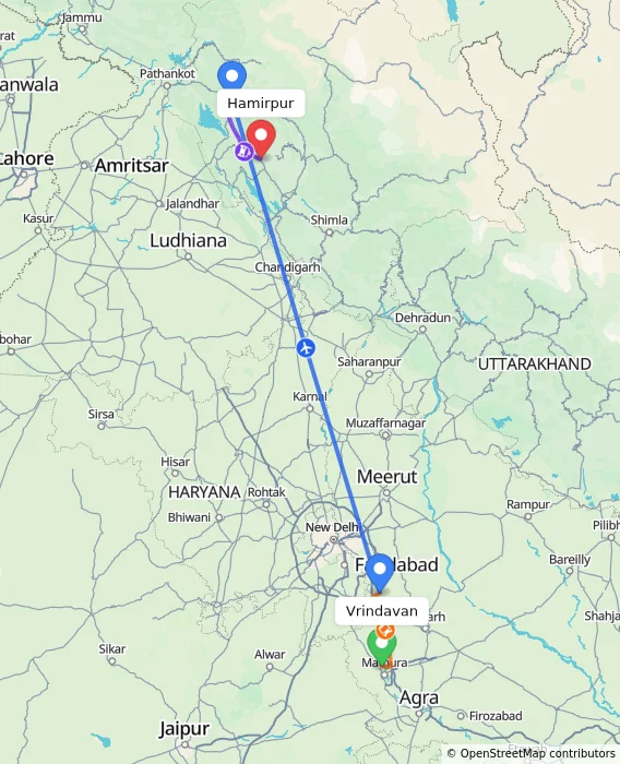 Route map showing distance and travel time from Vrindavan, India to Hamirpur, India