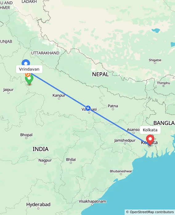Route map showing distance and travel time from Vrindavan, India to Kolkata, India