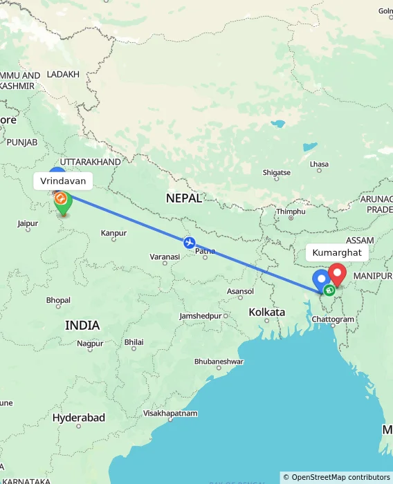Route map showing distance and travel time from Vrindavan, India to Kumarghat, India