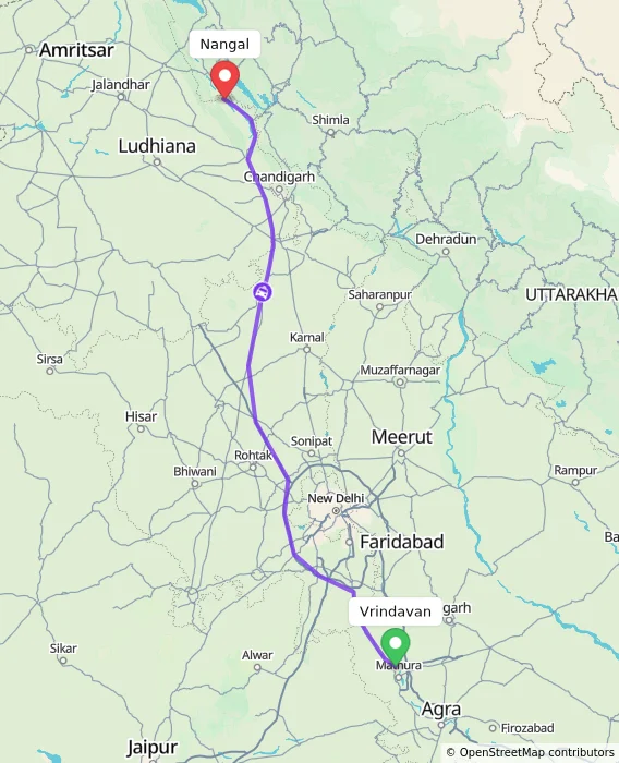 Route map showing distance and travel time from Vrindavan, India to Nangal, India