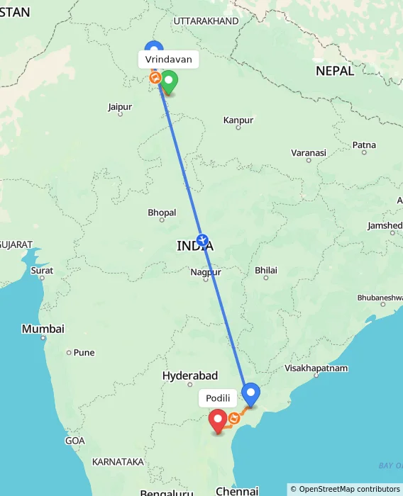 Route map showing distance and travel time from Vrindavan, India to Podili, India
