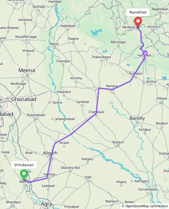 Route map showing distance and travel time from Vrindavan, India to Ranikhet, India