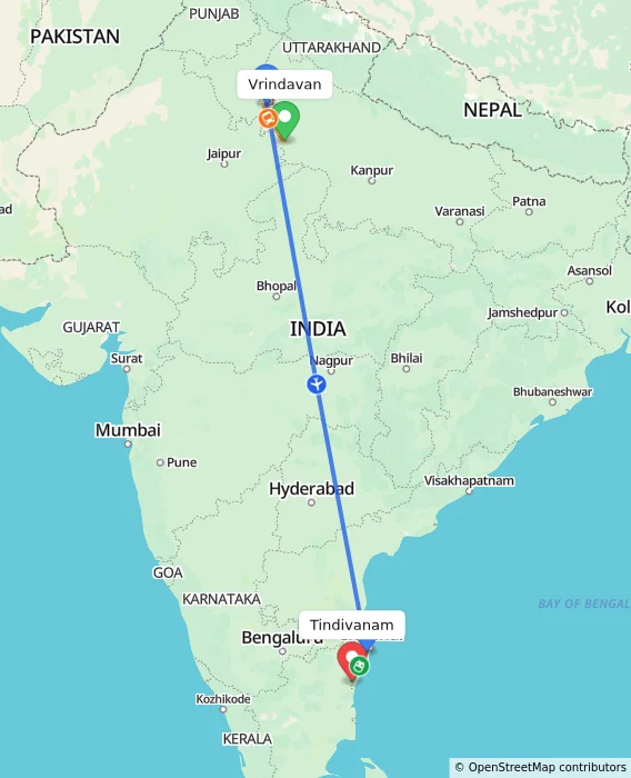 Route map showing distance and travel time from Vrindavan, India to Tindivanam, India