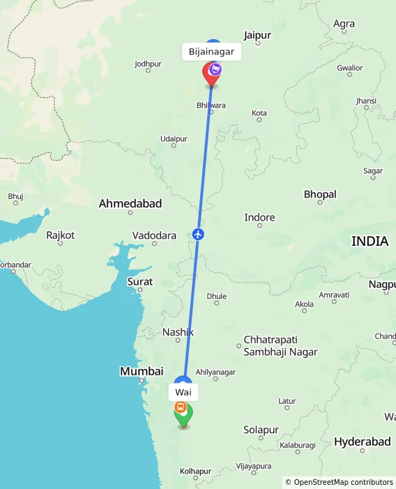 Route map showing distance and travel time from Wai, India to Bijainagar, India