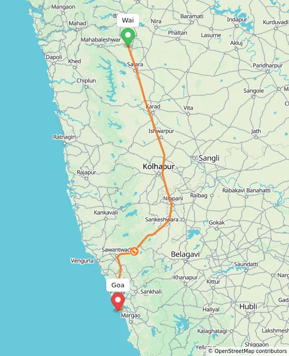 Route map showing distance and travel time from Wai, India to Goa, India