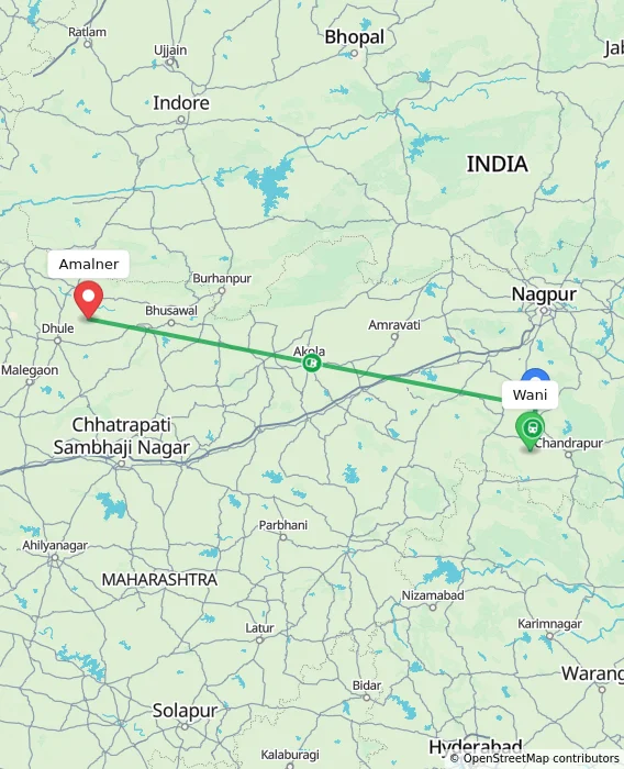 Route map showing distance and travel time from Wani, India to Amalner, India