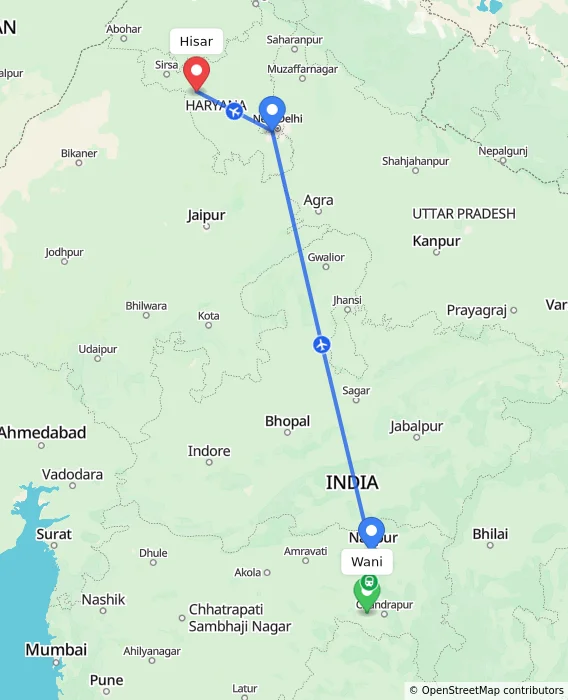 Route map showing distance and travel time from Wani, India to Hisar, India