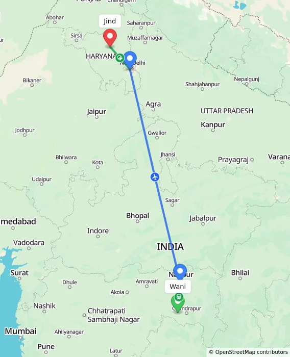 Route map showing distance and travel time from Wani, India to Jind, India