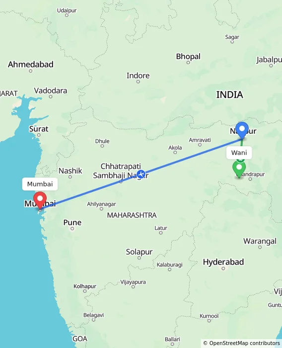 Route map showing distance and travel time from Wani, India to Mumbai, India
