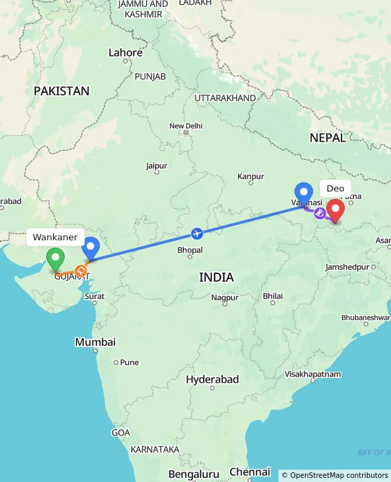 Route map showing distance and travel time from Wankaner, India to Deo, India