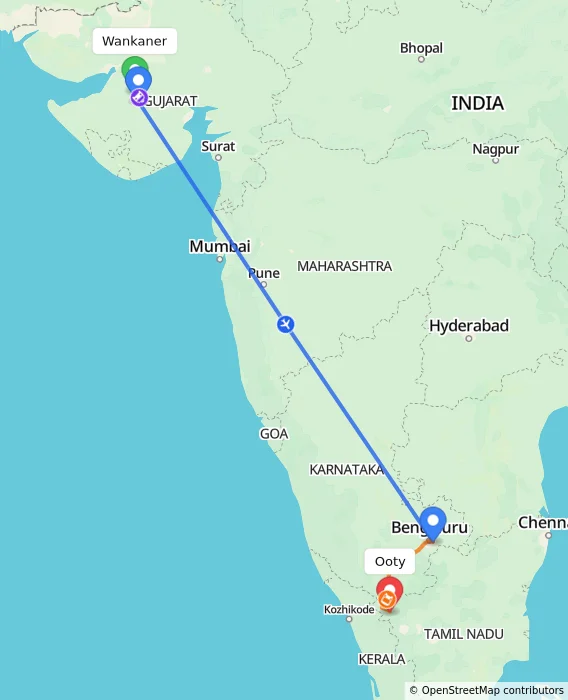 Route map showing distance and travel time from Wankaner, India to Ooty, India