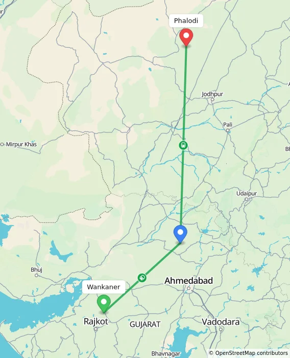 Route map showing distance and travel time from Wankaner, India to Phalodi, India