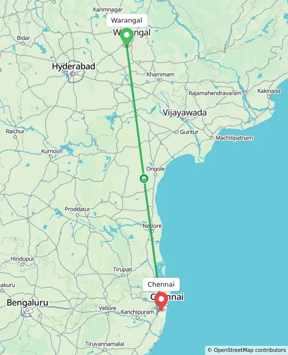 Route map showing distance and travel time from Warangal, India to Chennai, India